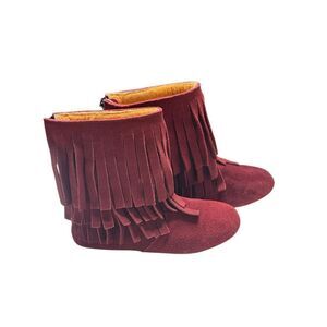 Monkey Feet Girls Burgundy Zip Up Suede Double Fringe Boots Size 5-6Y